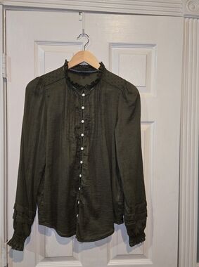Quince Olive Green Organic Cotton Peasant Blouse Ruffle Button Front Size M